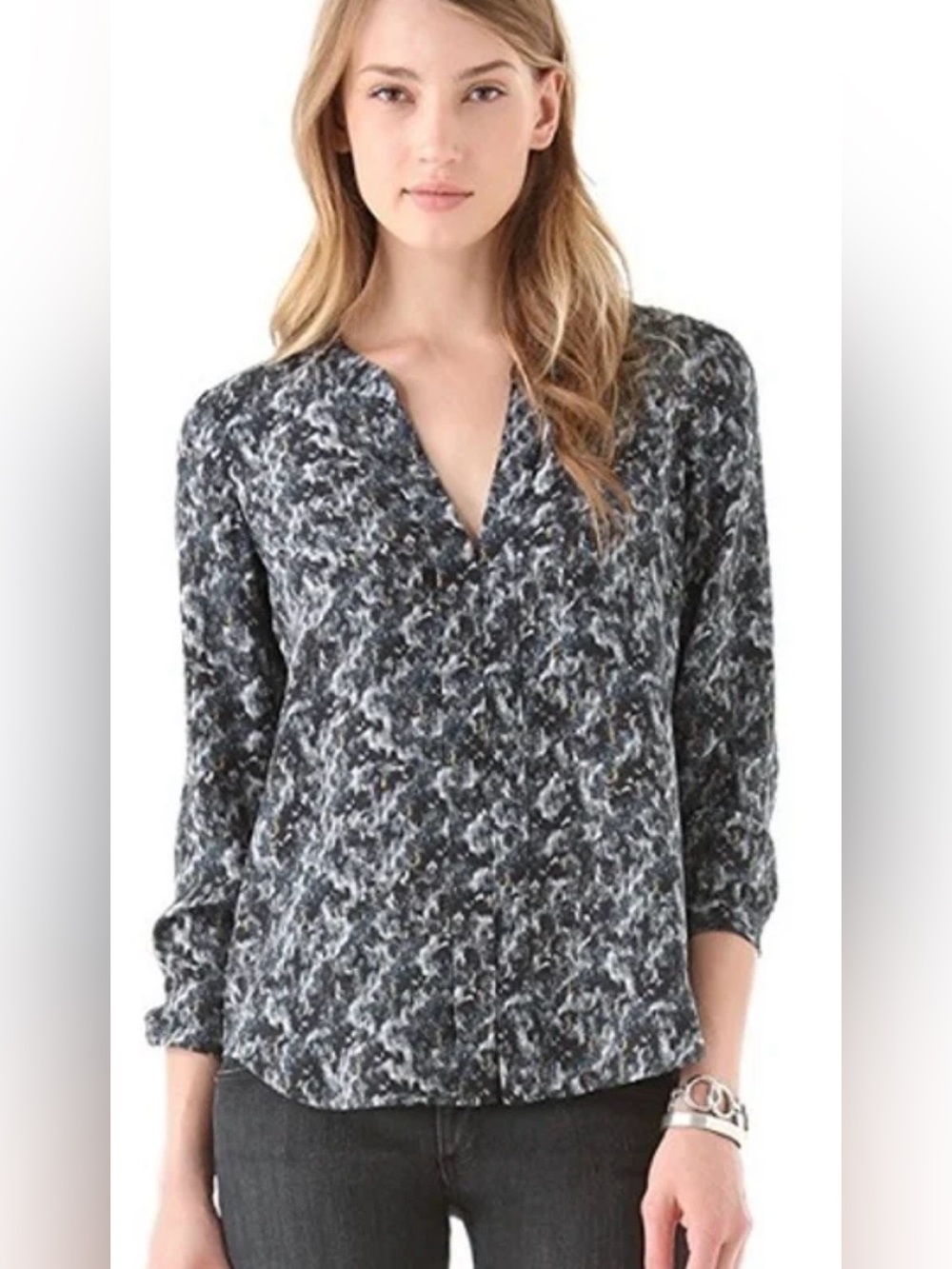 Theory Ruisa Silk V-Neck Blouse Caligula Abstract Print  - Size Small